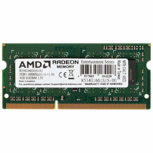 ОЗУ AMD R534G1601S1S-UG (SO-DIMM, DDR3, 4 Гб, 1600 МГц)