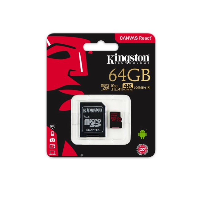 Флеш (Flash) карты Kingston 64GB microSDXC Canvas React 100R/80W U3 UHS-I V30 A1 Card + SD Adapter SDCR/64GB (64 ГБ)