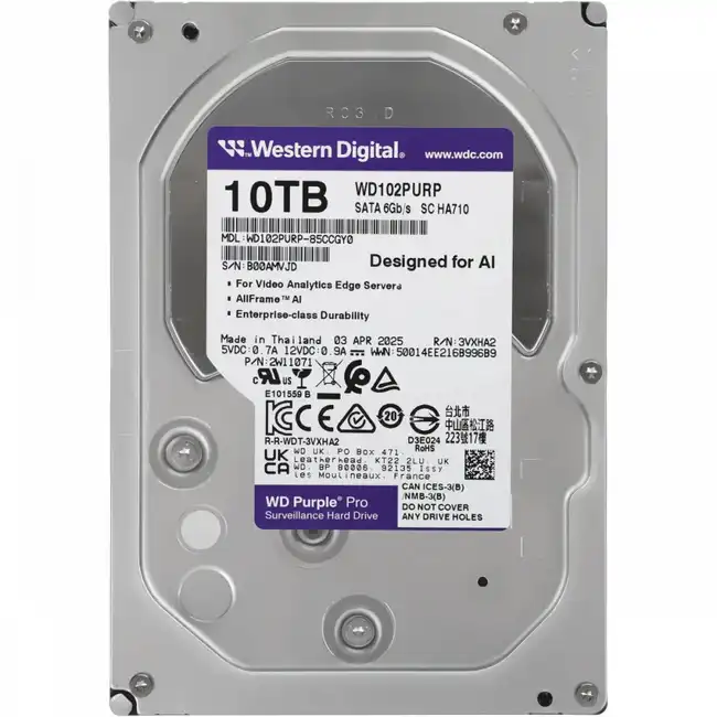 Внутренний жесткий диск Western Digital Purple Pro WD102PURP (SSD (твердотельные), 10 ТБ, 3.5 дюйма, SATA)