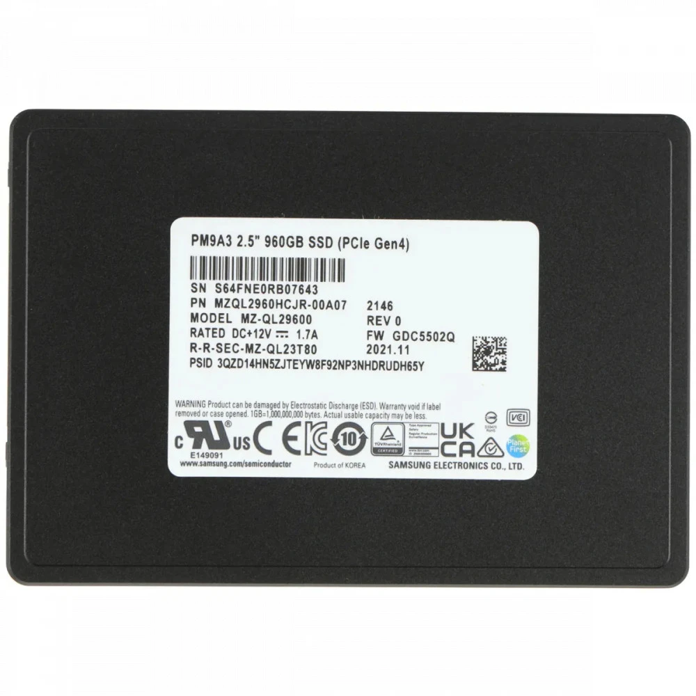 Серверный жесткий диск Samsung PM9A3 2.5" 960GB SSD MZQL2960HCJR-00A07 2,5 SFF, 960 ГБ, NVMe