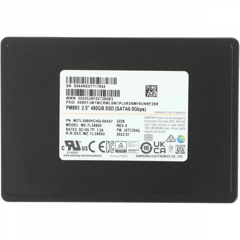 Серверный жесткий диск Samsung PM893 MZ7L3480HCHQ-00A07 2,5 SFF, 480 ГБ, SATA