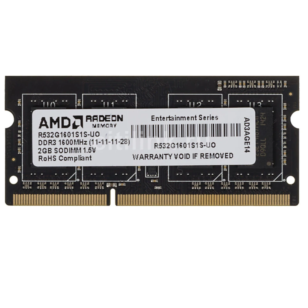 ОЗУ AMD DDR3 2Gb 1600MHz R532G1601S1S-UO SO-DIMM, DDR3, 2 Гб, 1600 МГц