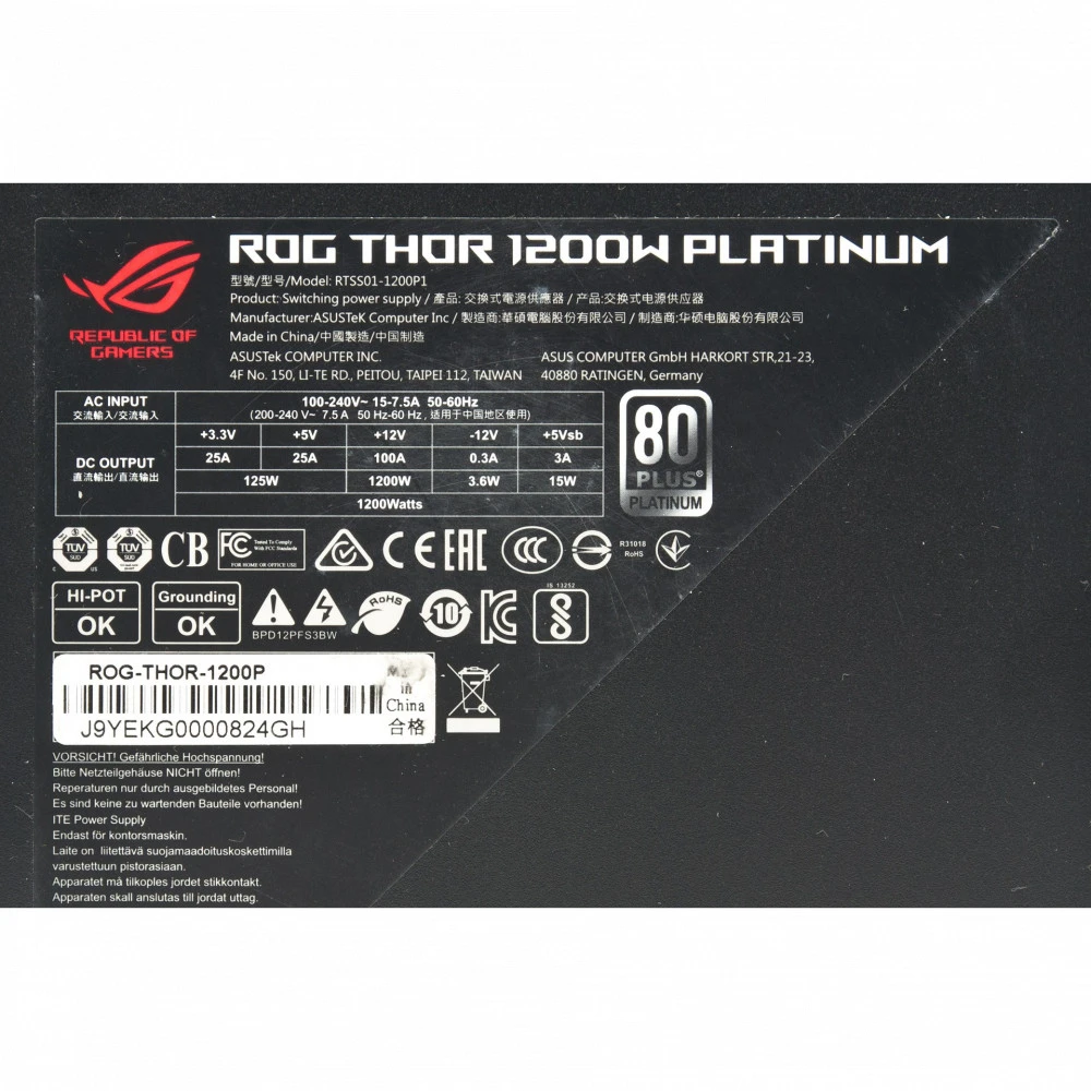 Блок питания Asus ROG-THOR-1200P 1200 Вт, 80+ Platinum