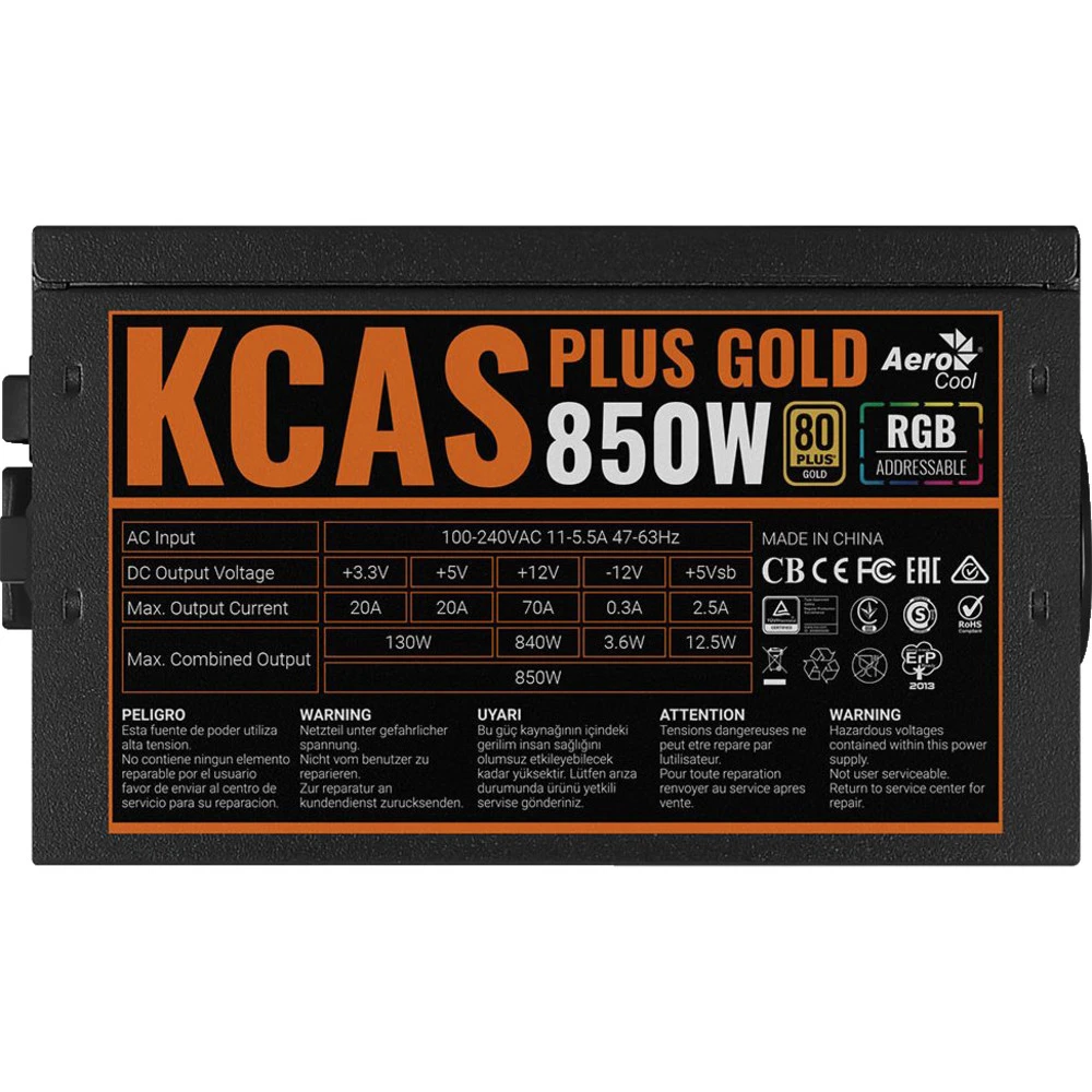 Блок питания Aerocool KCAS PLUS GOLD 850W ACPG-KP85FEC.11 850 Вт, 80+ Gold