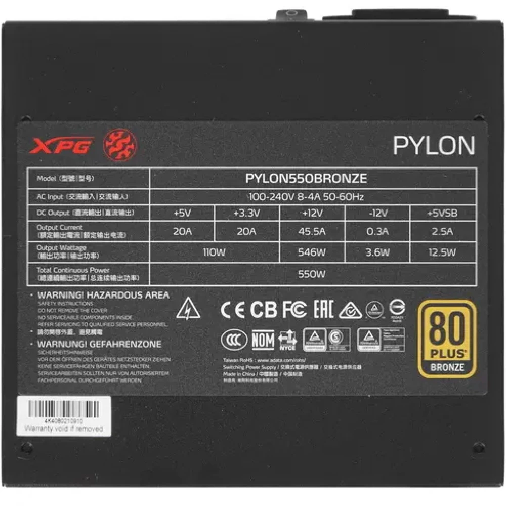 Блок питания XPG Pylon PYLON550B-BKCEU 550 Вт, 80+ Bronze