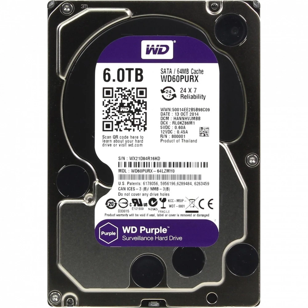 Жесткий диск Western Digital Purple WD60PURX-78 HDD (классические), 6 ТБ, 3.5 дюйма, SATA
