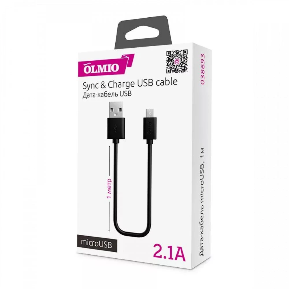 Кабель интерфейсный OLMIO USB 2.0 - microUSB  2м, 2.1A черный 038660 USB Type A - USB Type B micro