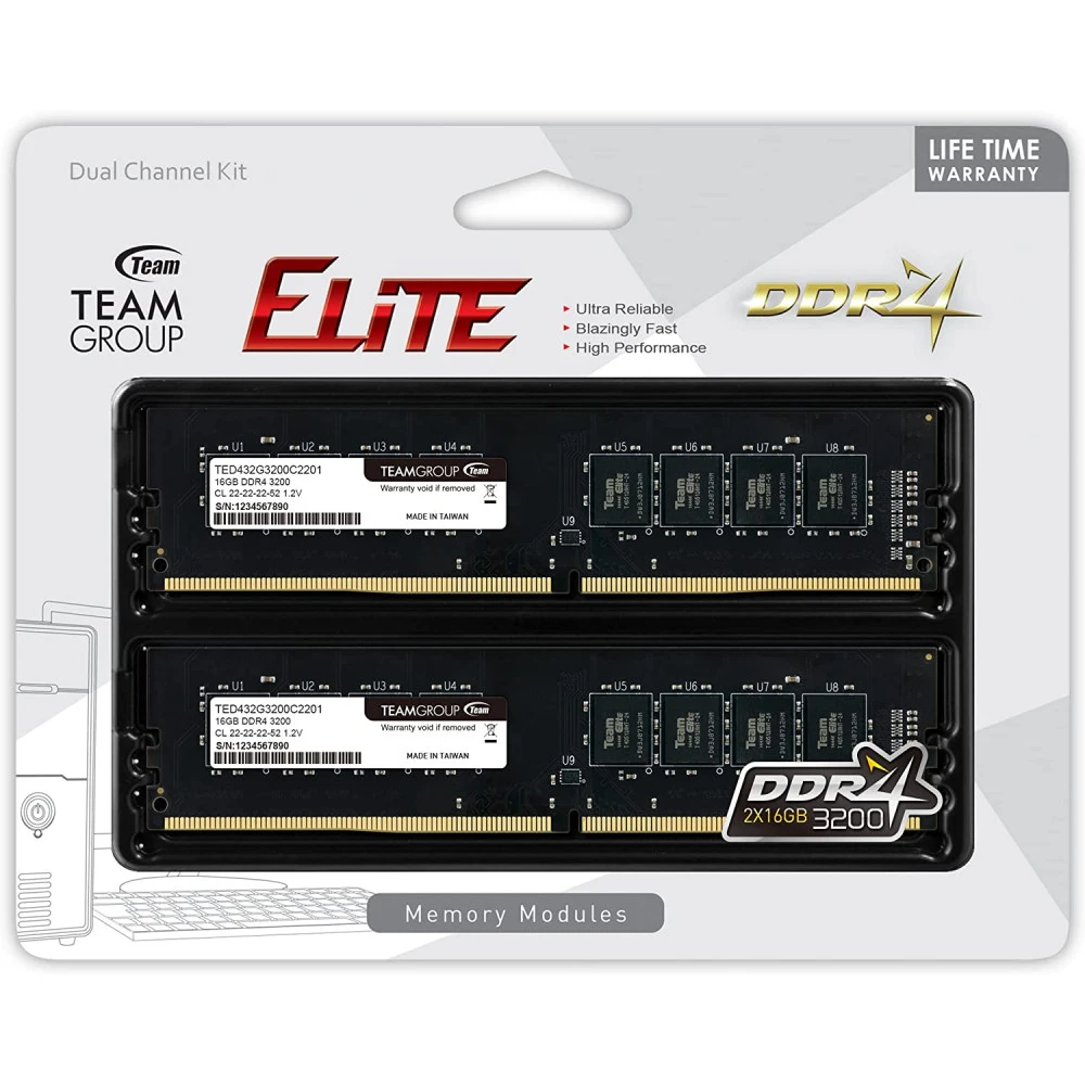 ОЗУ Team Group ELITE TED432G3200C22DC02 DIMM, DDR4, 32 Гб (2 х 16 Гб), 3200 МГц