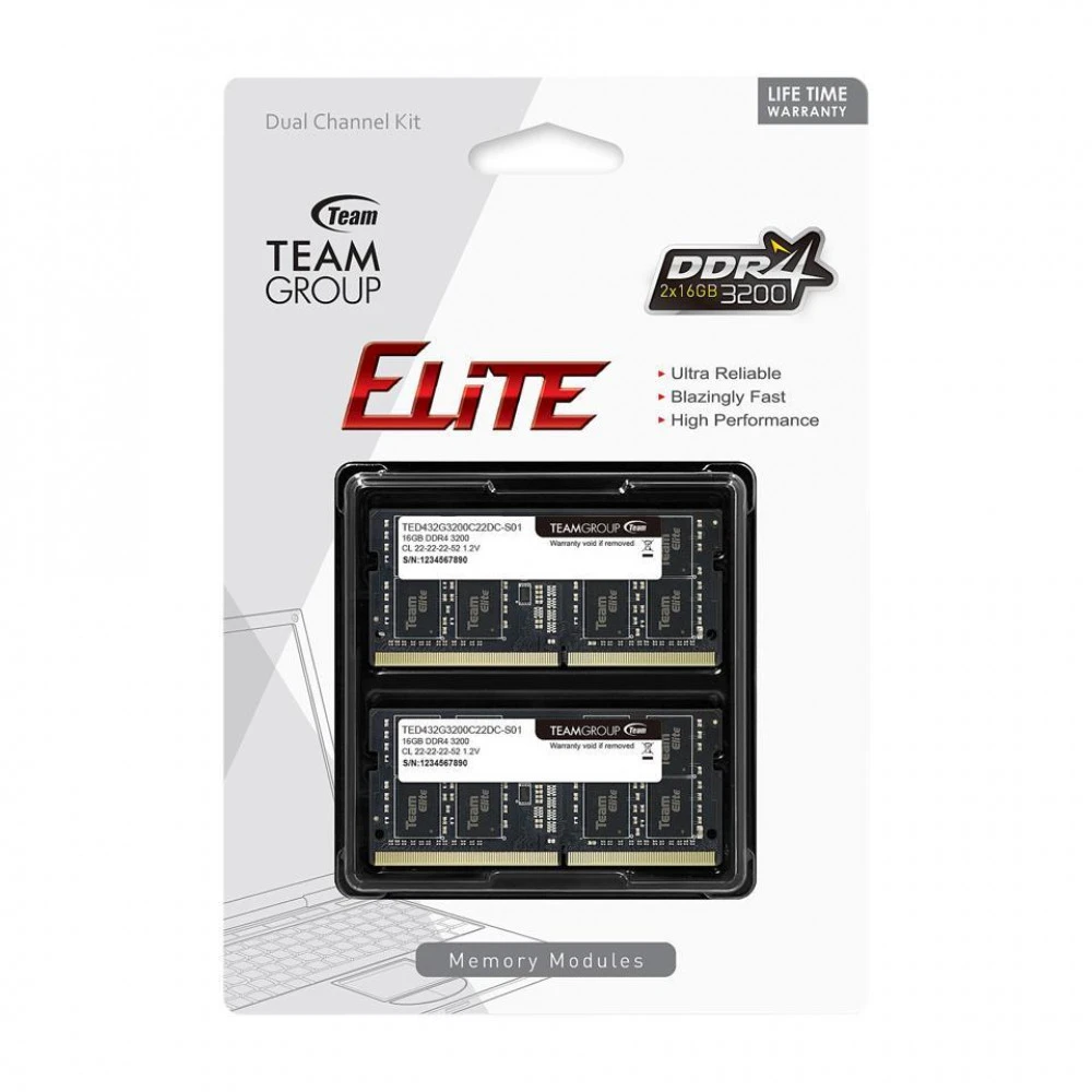 ОЗУ Team Group ELITE TED432G3200C22DC-S01 SO-DIMM, DDR4, 32 Гб (2 х 16 Гб), 3200 МГц