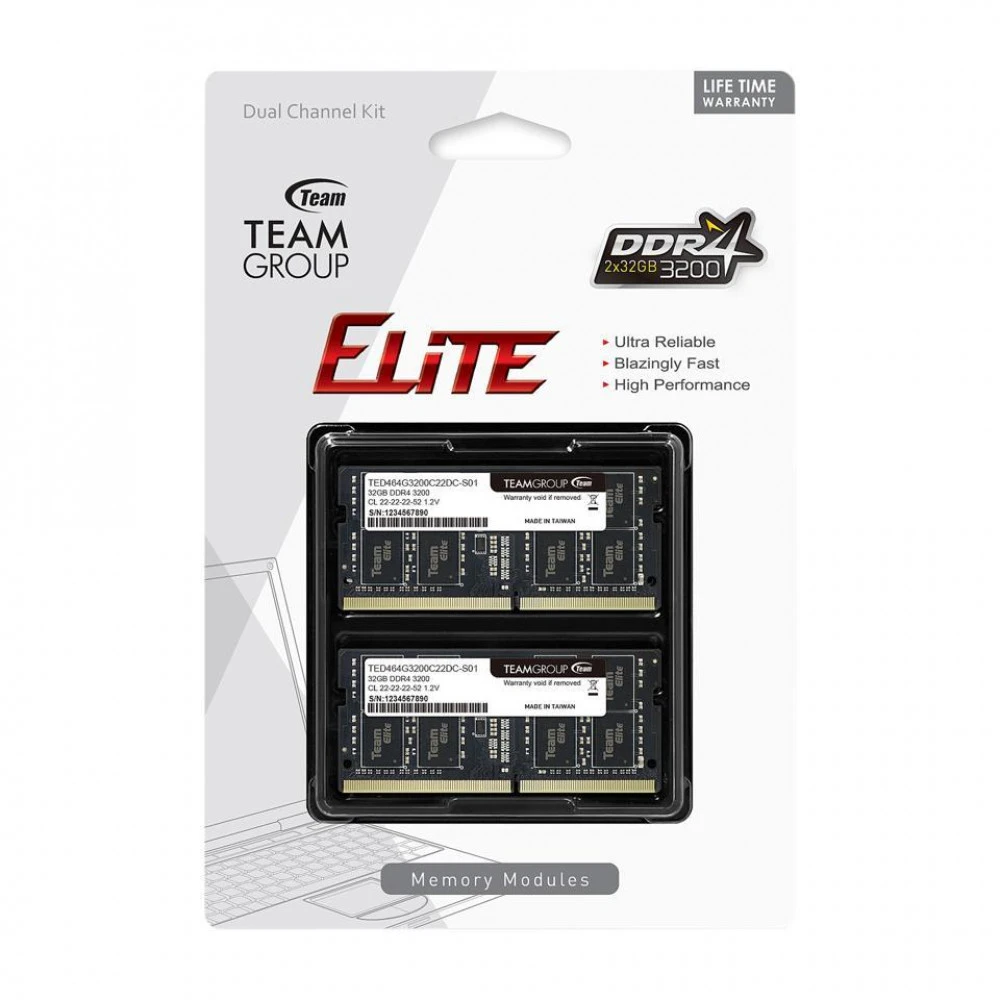 ОЗУ Team Group ELITE SO-DIMM TED464G3200C22DC-S01 SO-DIMM, DDR4, 64 Гб (2 х 32 Гб), 3200 МГц