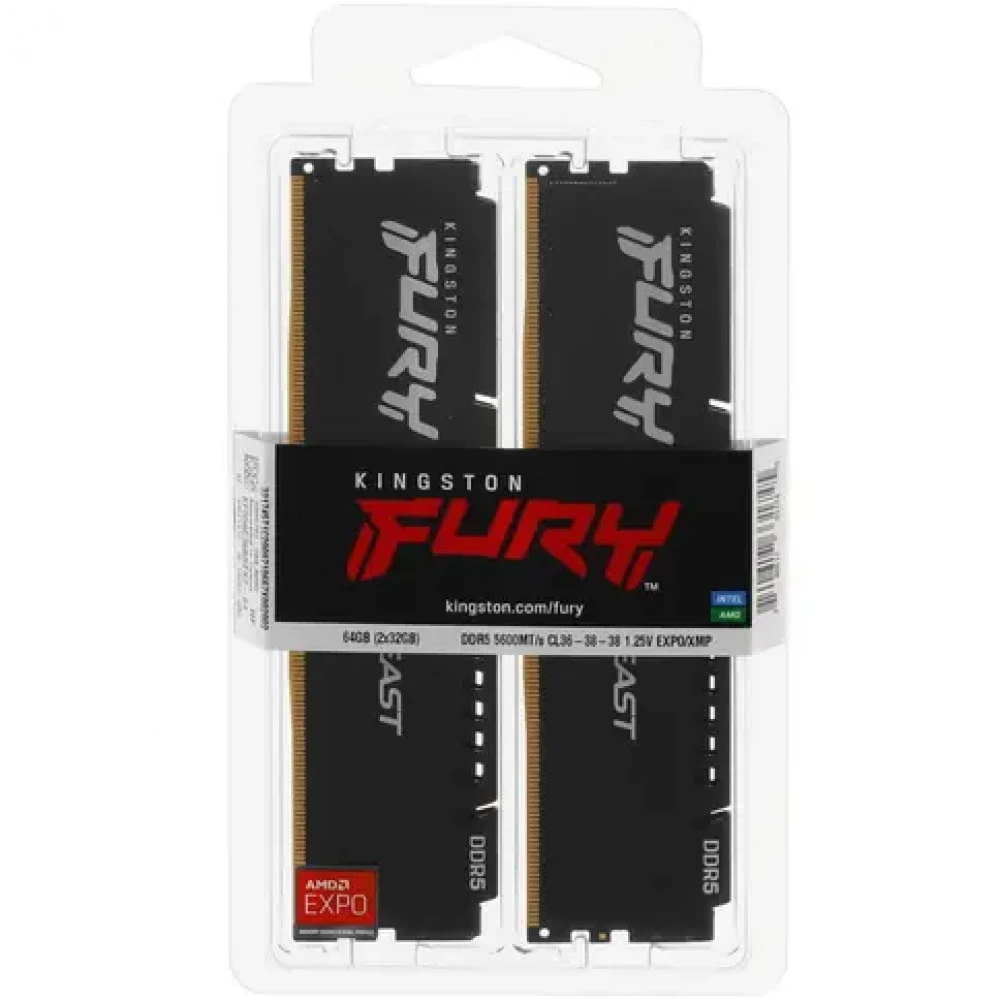 ОЗУ Kingston Fury Beast KF556C36BBEK2-64 DIMM, DDR5, 64 Гб (2 х 32 Гб), 5600 МГц