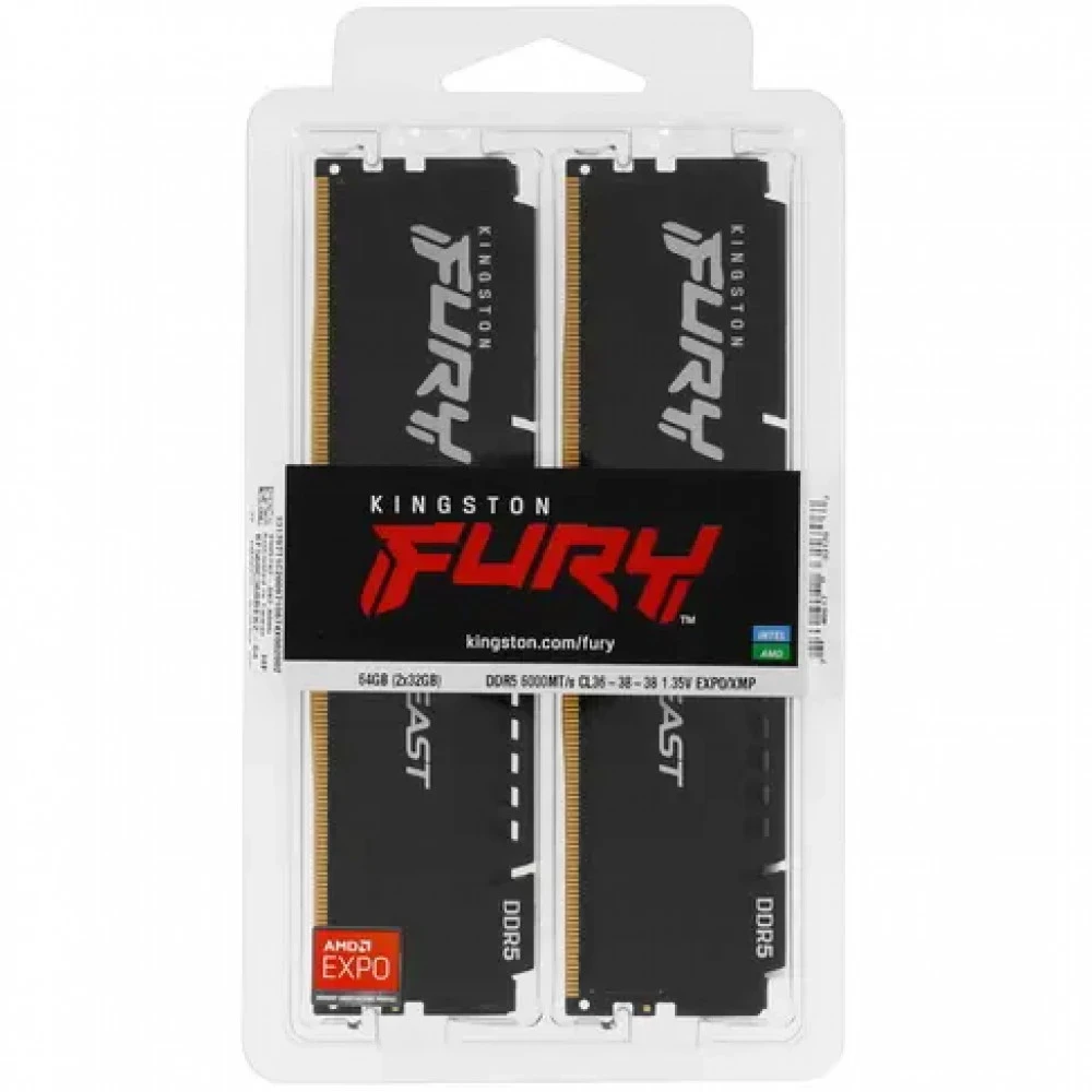ОЗУ Kingston Fury Beast KF560C36BBEK2-64 DIMM, DDR5, 64 Гб (2 х 32 Гб), 6000 МГц