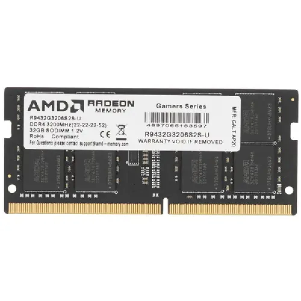 ОЗУ AMD Radeon R9 R9432G3206S2S-UO SO-DIMM, DDR4, 32 Гб, 3200 МГц