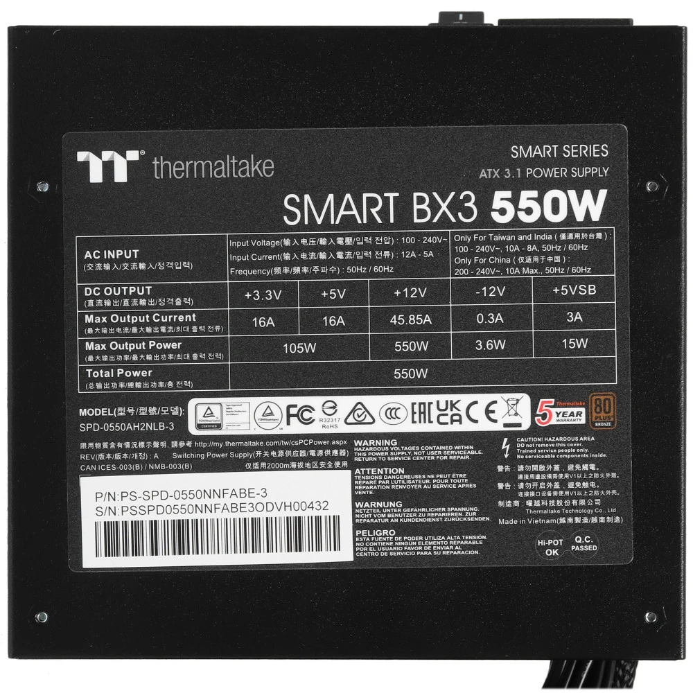 Блок питания Thermaltake Smart BX3 Bronze 550W PS-SPD-0550NNFABE-3 550 Вт, 80+ Bronze