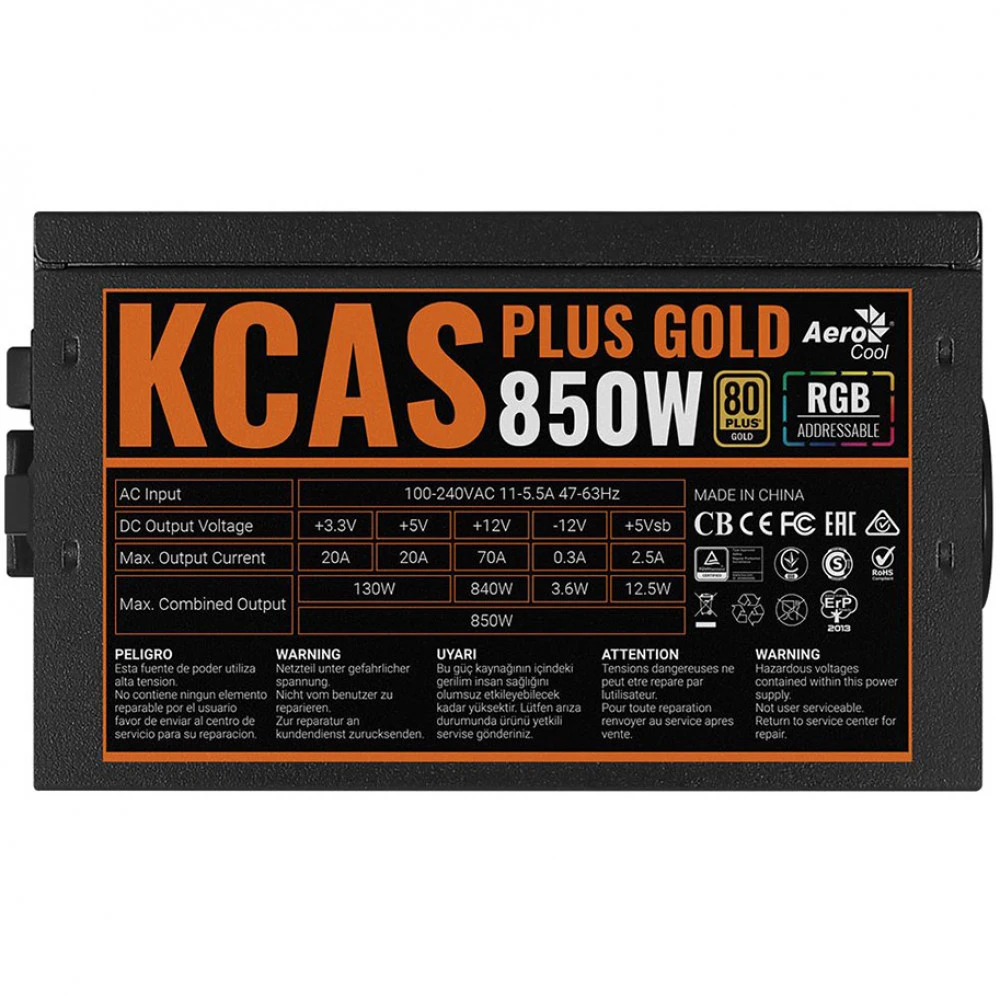 Блок питания Aerocool KCAS PLUS GOLD 850W RGB 850 Вт, 80+ Gold
