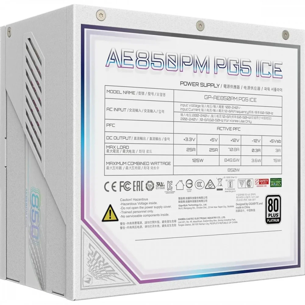 Блок питания Gigabyte AORUS ELITE P850W GP-AE850PM PG5 ICE 850 Вт, 80+ Platinum