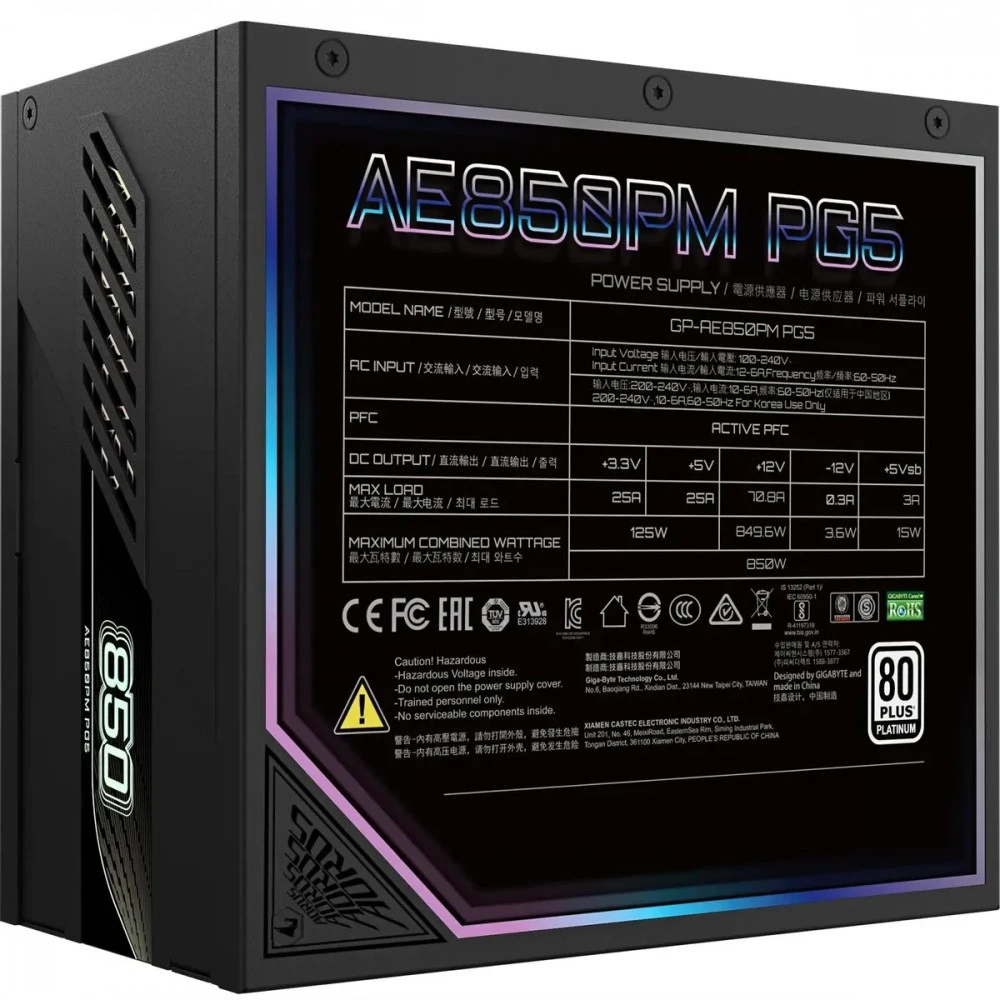 Блок питания Gigabyte AORUS ELITE P850W GP-AE850PM PG5 850 Вт, 80+ Platinum