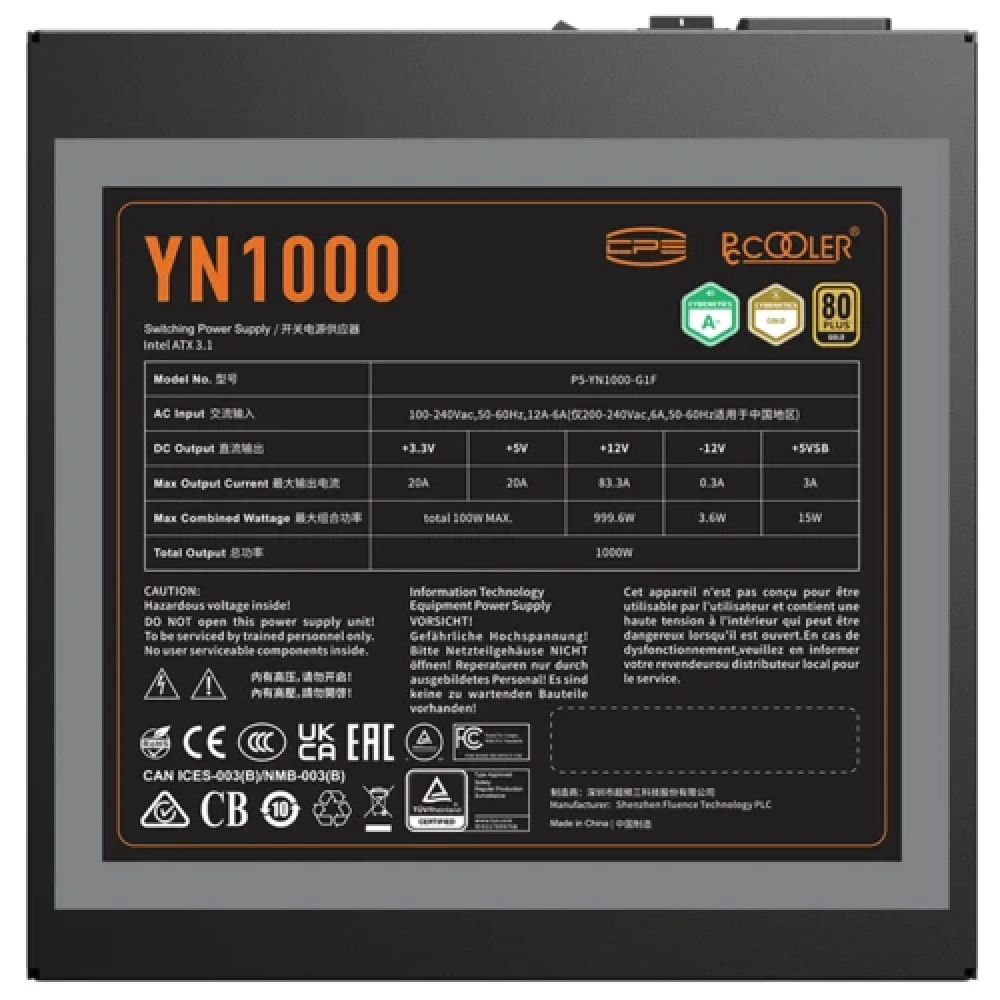 Блок питания PCcooler YN1000 Black P5-YN1000-G1FFBK1-EU 1000 Вт, 80+ Gold