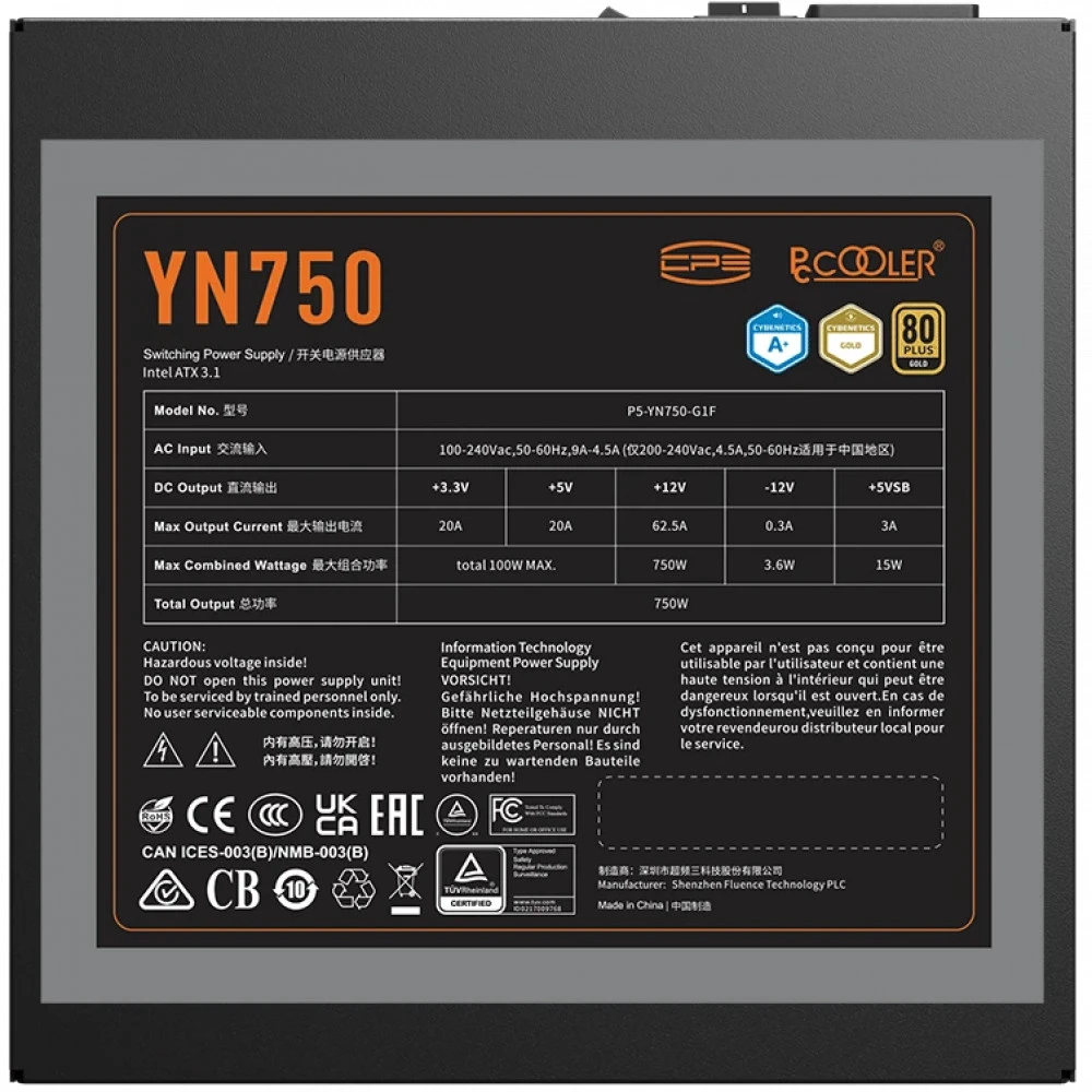 Блок питания PCcooler ATX 750W P5-YN750-G1F P5-YN750-G1FFBK1-EU 750 Вт, 80+ Gold