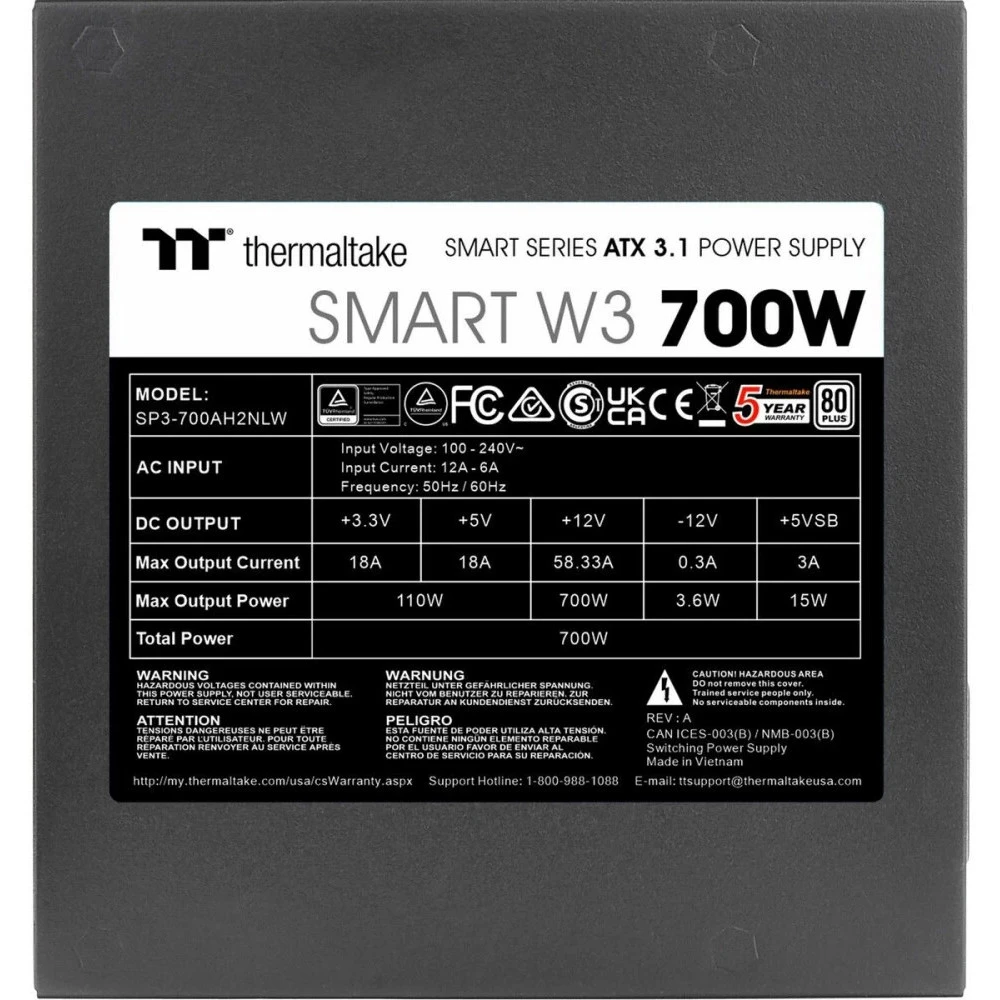 Блок питания Thermaltake Smart W3 700W PS-SPW-0700NNFAWE-1 700 Вт, 80+