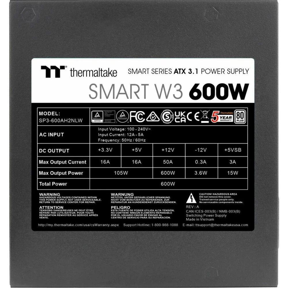 Блок питания Thermaltake Smart W3 600W PS-SPW-0600NNFAWE-1 600 Вт, 80+