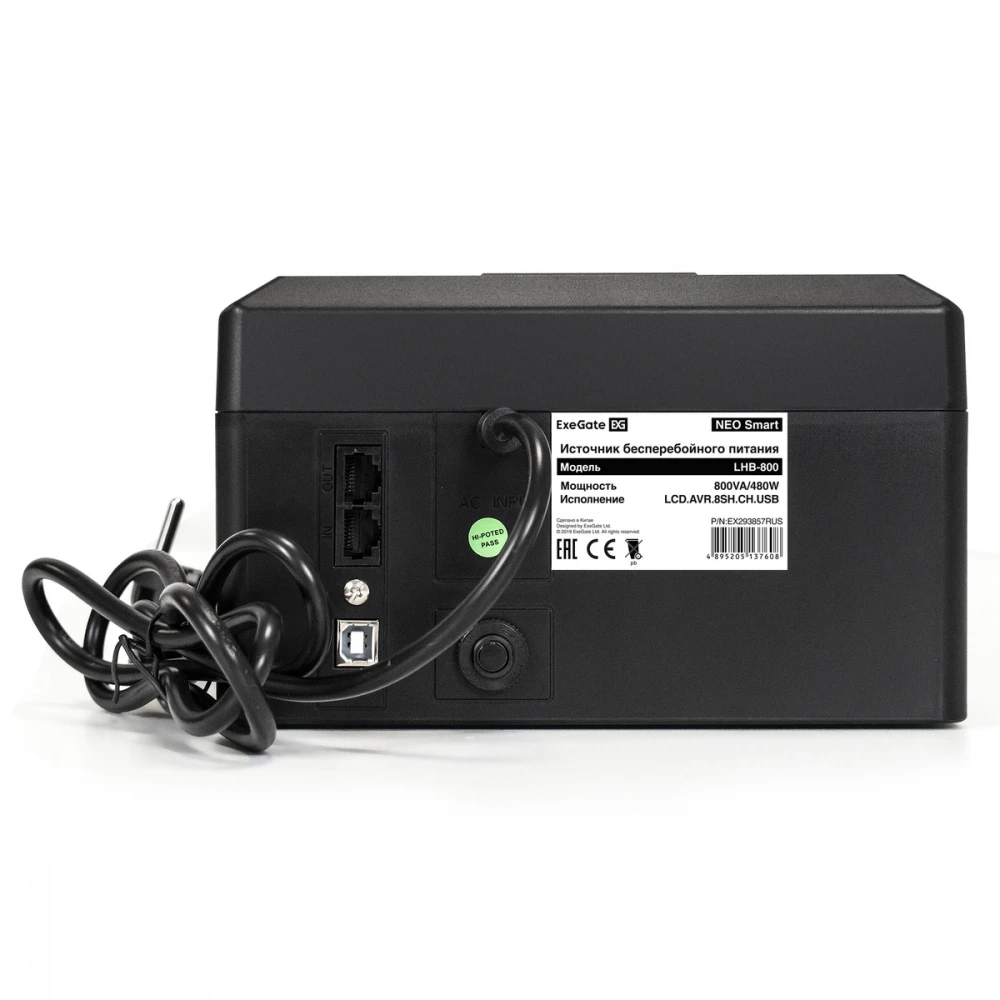 Источник бесперебойного питания ExeGate NEO Smart LHB-800.LCD.AVR.8SH.CH.USB EX293857RUS Линейно-интерактивные, Напольный (Tower), 800 ВА, 480 Вт