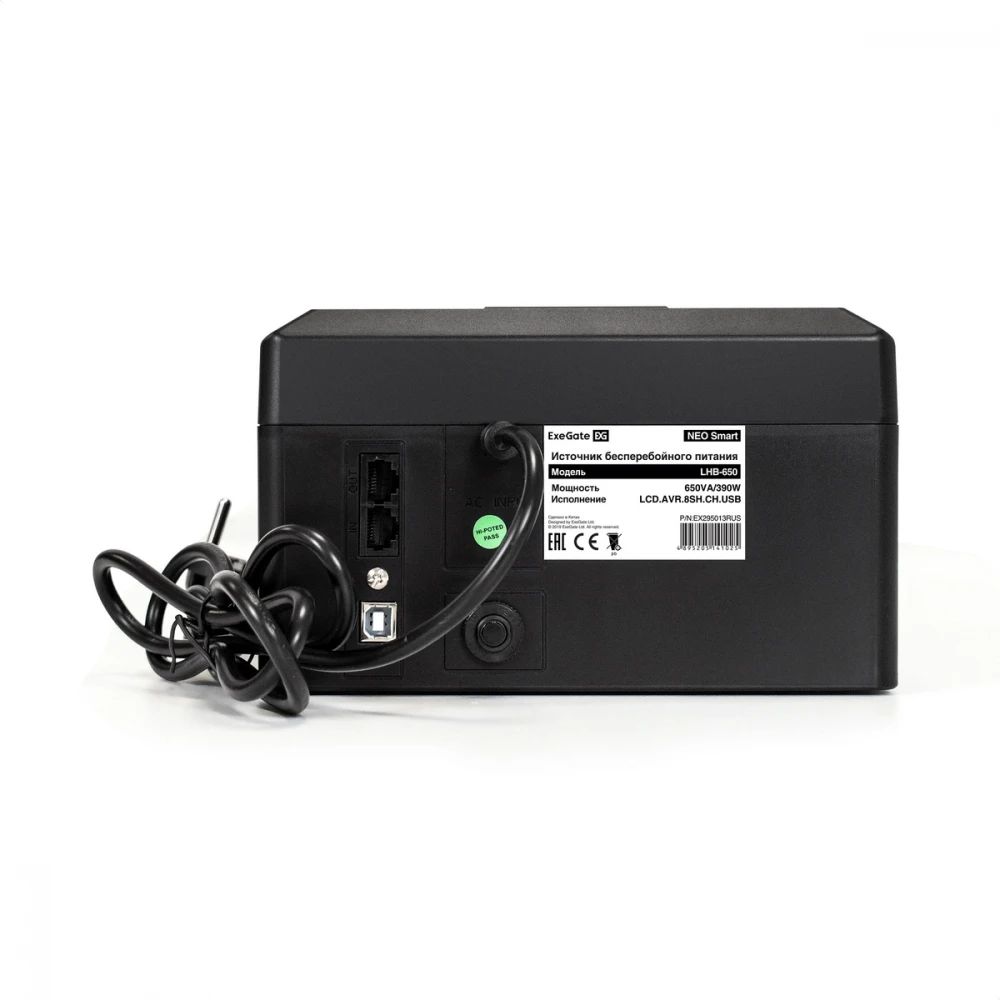 Источник бесперебойного питания ExeGate NEO Smart LHB-650.LCD.AVR.8SH.CH.RJ.USB EX295013RUS Линейно-интерактивные, Напольный (Tower), 650 ВА, 390 Вт