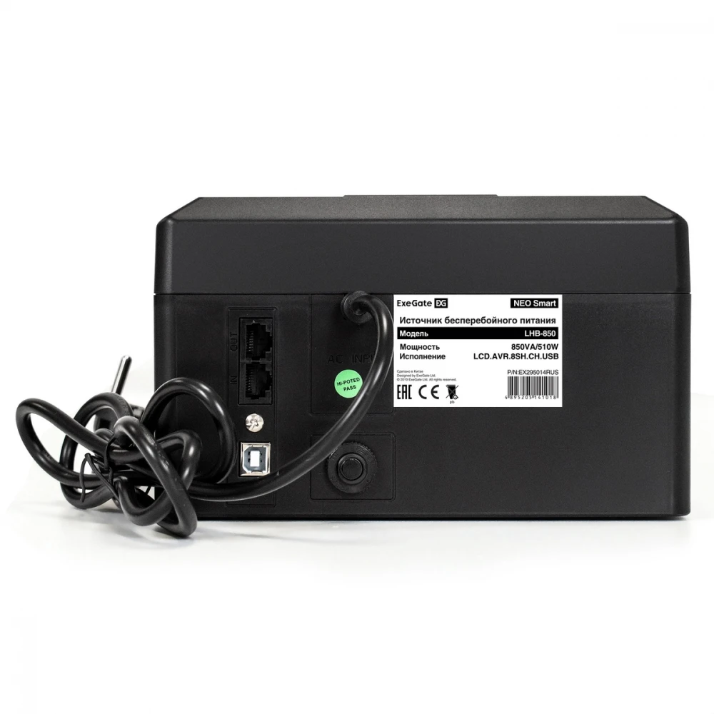 Источник бесперебойного питания ExeGate NEO Smart LHB-850.LCD.AVR.8SH.CH.RJ.USB EX295014RUS Линейно-интерактивные, Напольный (Tower), 850 ВА, 510 Вт