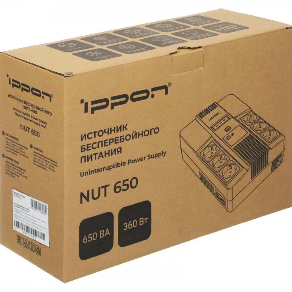 Источник бесперебойного питания IPPON Nut 650 i2050150 Двойное преобразование (On-Line), Напольный (Tower), 650 ВА, 360 Вт