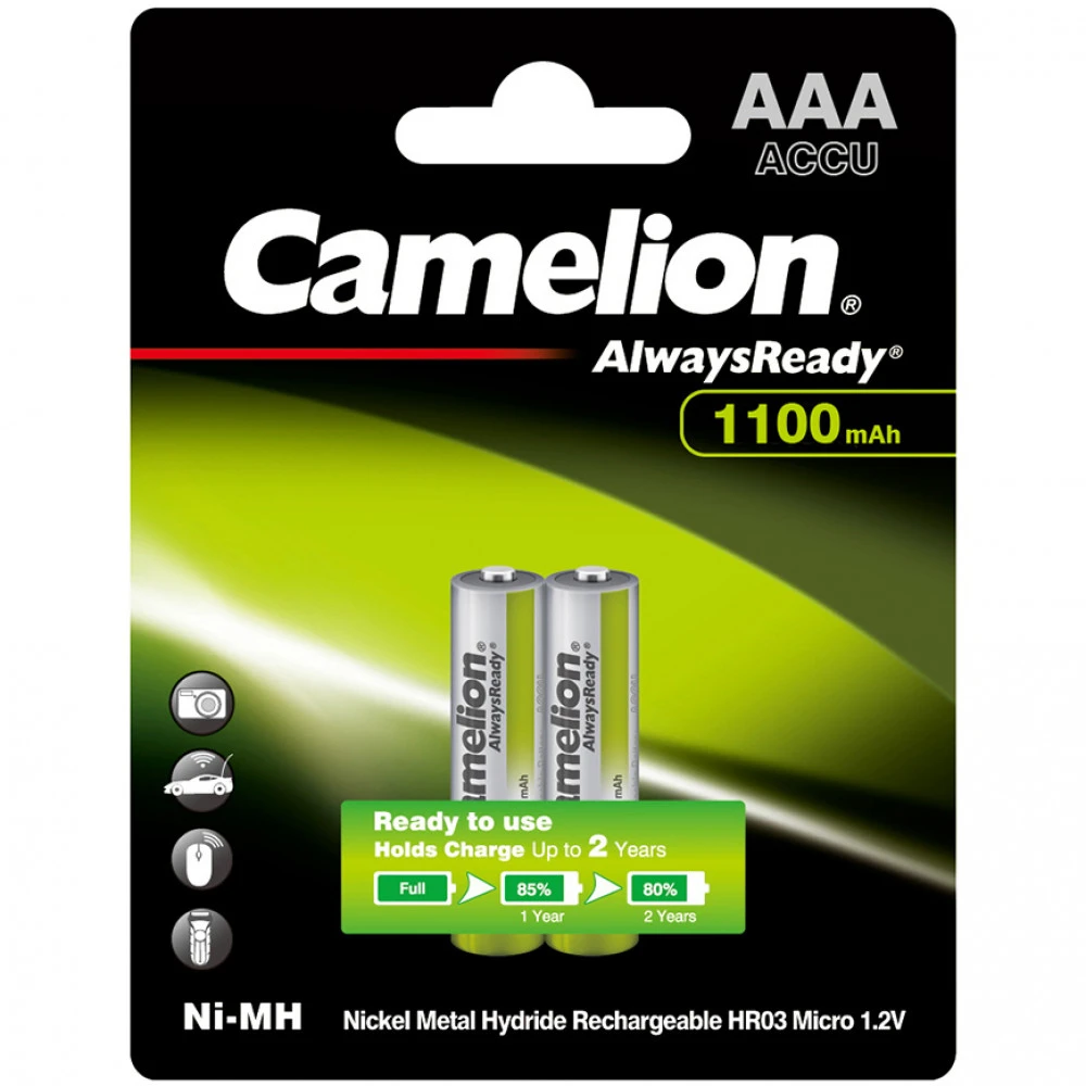 Батарейка CAMELION Аккумулятор AlwaysReady Ni-MH Rechargeable AAA 1.2V 1100 mAh 2 шт. NH-AAA1100ARBP2