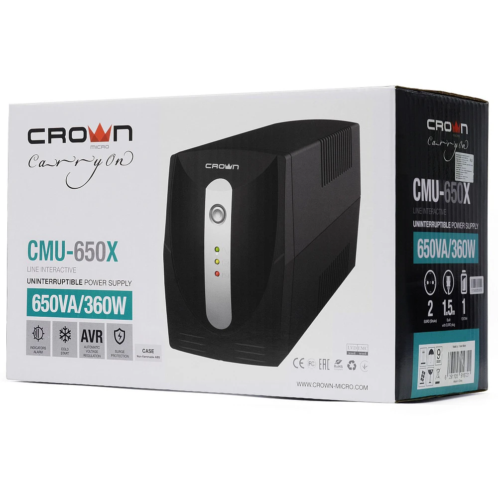 Источник бесперебойного питания CROWN CMU-650X Линейно-интерактивные, Напольный (Tower), 650 ВА, 360 Вт