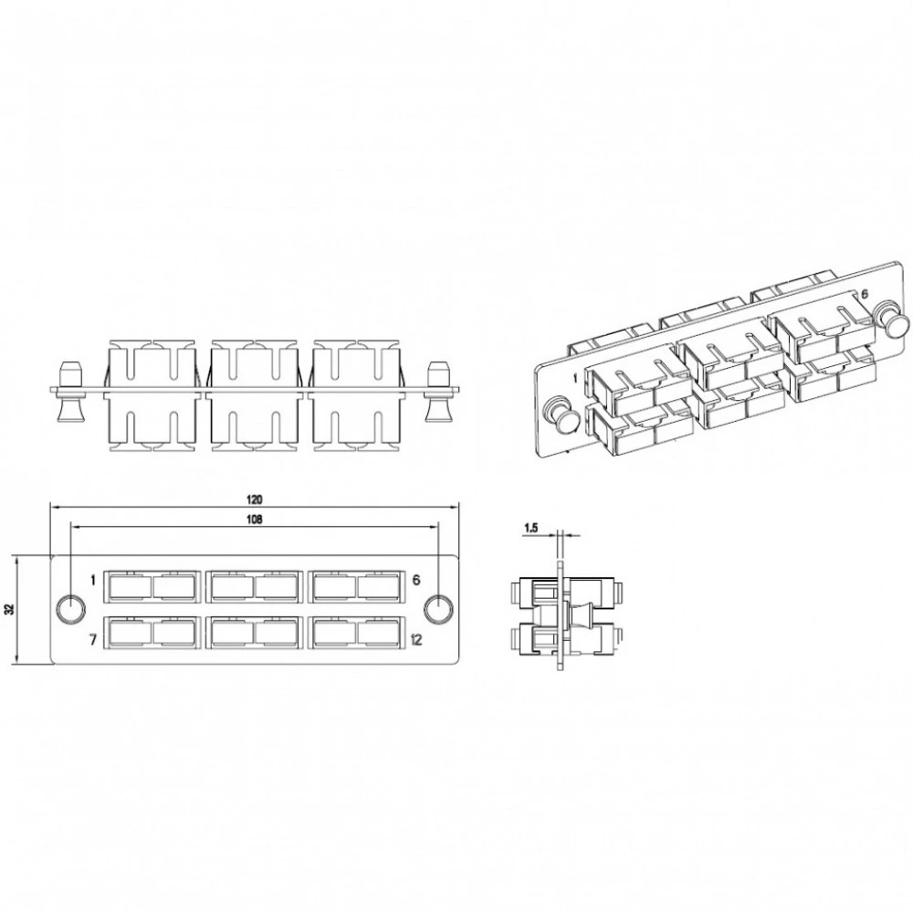 Оптический кросс Hyperline Панель для FO-19BX с 6 SC (duplex) адаптерами 12 волокон многомод OM2 120x32 мм FO-FPM-W120H32-6DSC-BG