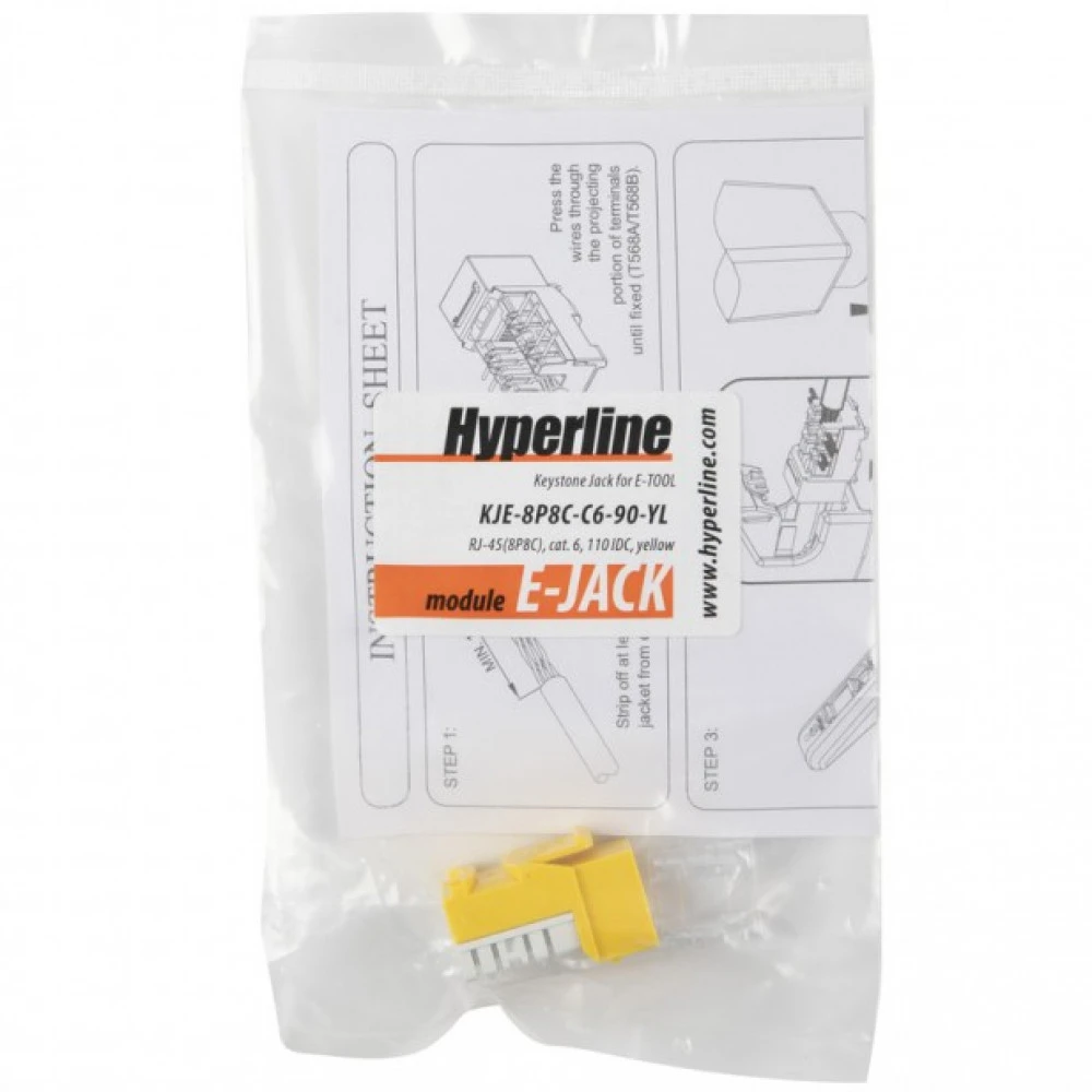 Модуль Hyperline Вставка Keystone Jack RJ-45(8P8C) категория 6 110 IDC заделка с помощью E-TOOL желтая KJE-8P8C-C6-90-YL