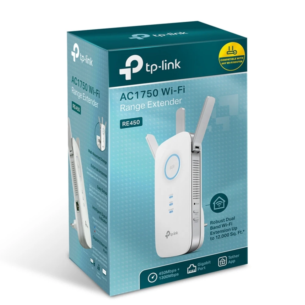 Усилитель сигнала Wi-Fi TP-Link усилитель Wi-Fi сигнала RE450 10/100/1000 Base-TX (1000 мбит/с), Wi-Fi 5 (802.11a/ b/ g/ n/ ac), с внешней антенной