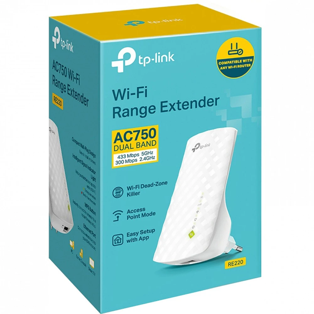 Усилитель сигнала Wi-Fi TP-Link (SOHO) RE220 AC750 10/100 Base-TX (100 мбит/с), Wi-Fi 5 (802.11a/ b/ g/ n/ ac), со встроенной антенной