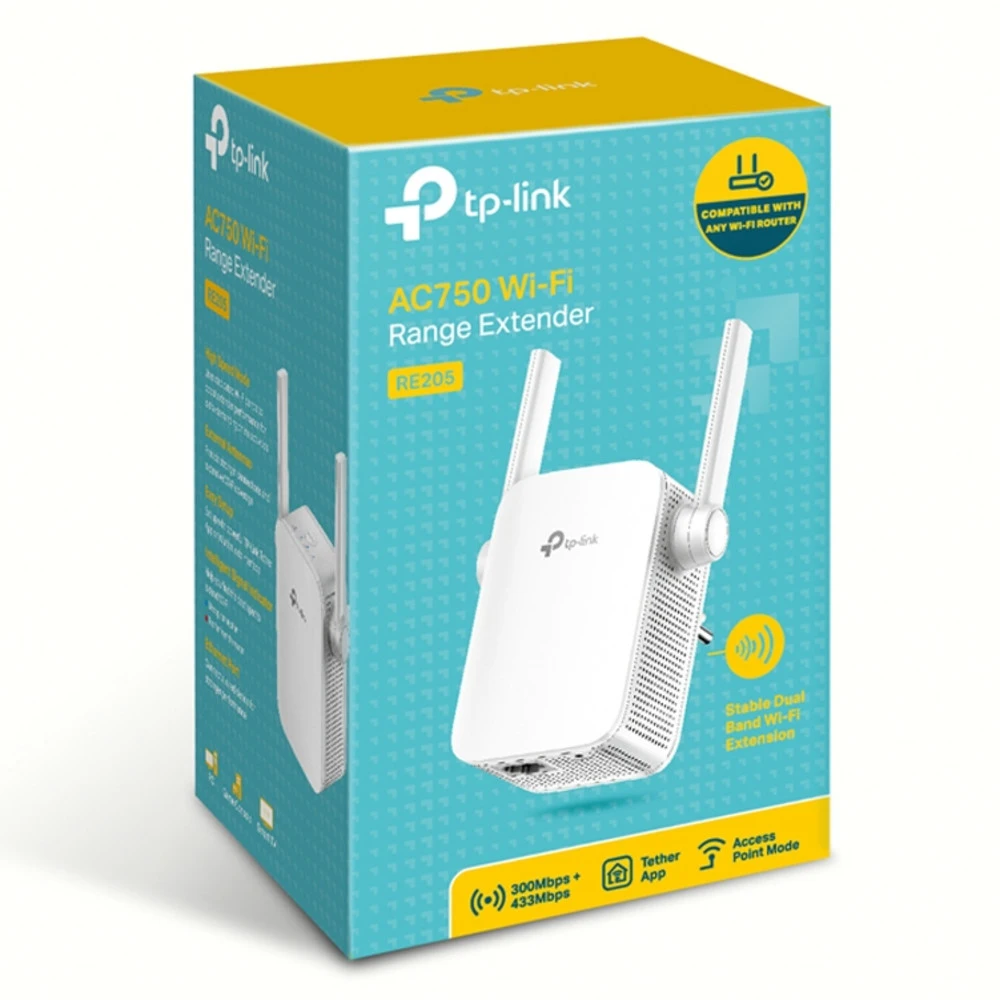 Усилитель сигнала Wi-Fi TP-Link RE205 AC750 RE205(EU) 10/100 Base-TX (100 мбит/с), Wi-Fi 5 (802.11a/ b/ g/ n/ ac), с внешней антенной