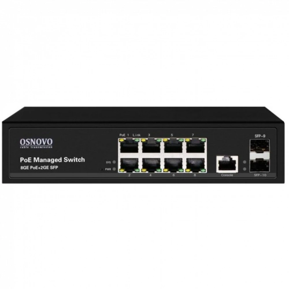 Коммутатор OSNOVO Гигабитный L2 PoE коммутатор на 10 портов SW-80802/L(150W) 1000 Base-TX (1000 мбит/с), 2 SFP порта