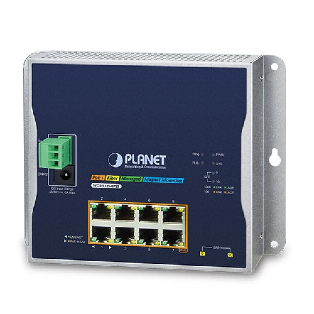 Коммутатор Planet Wall-mount Managed Switch WGS-5225-8P2S 1000 Base-TX (1000 мбит/с), 2 SFP порта