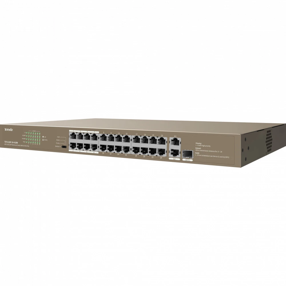 Коммутатор TENDA F1126P-24-410W 1000 Base-TX (1000 мбит/с), 1 SFP порт