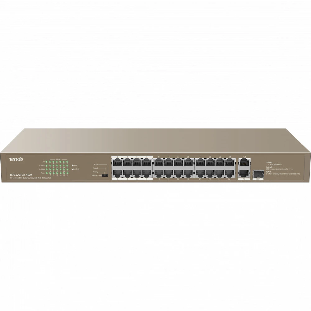 Коммутатор TENDA F1126P-24-410W 1000 Base-TX (1000 мбит/с), 1 SFP порт