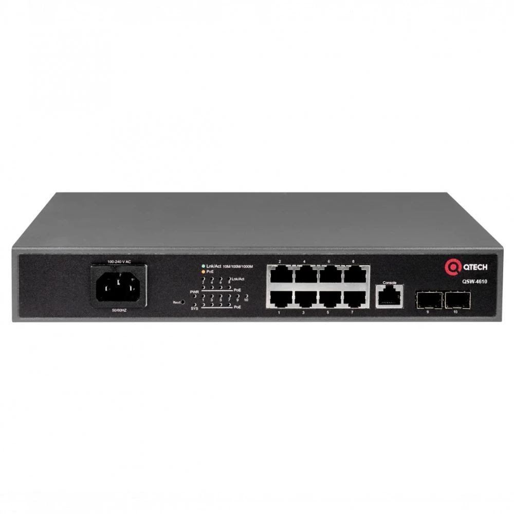 Коммутатор QTECH Управляемый уровня L2+ с поддержкой PoE QSW-4610-10T-POE-AC 1000 Base-TX (1000 мбит/с), 2 SFP порта