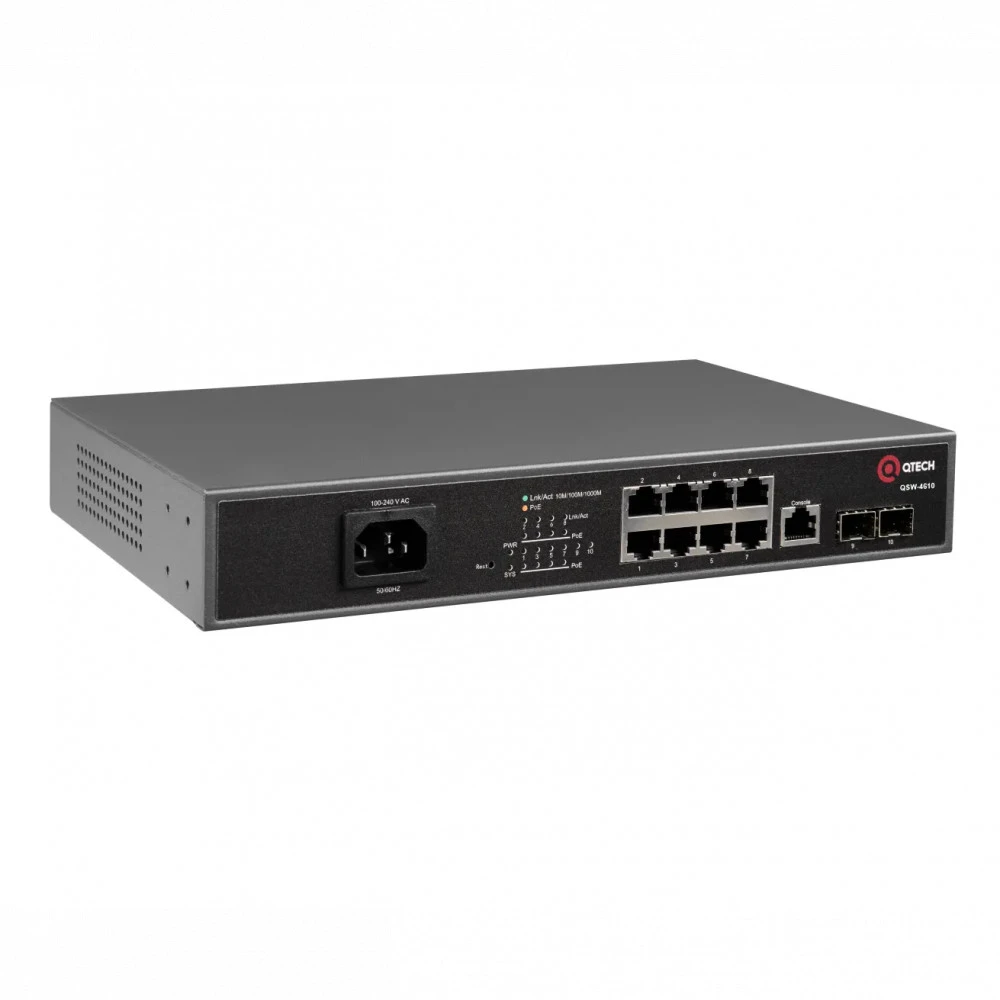 Коммутатор QTECH Управляемый уровня L2+ с поддержкой PoE QSW-4610-10T-POE-AC 1000 Base-TX (1000 мбит/с), 2 SFP порта