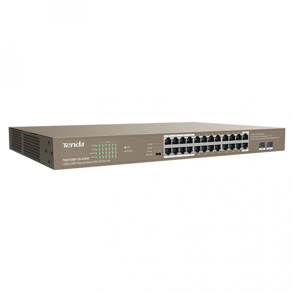 Коммутатор TENDA TEG1126P-24-410W 1000 Base-TX (1000 мбит/с), 2 SFP порта