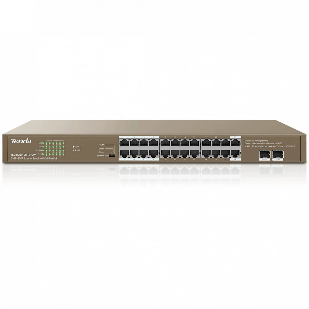 Коммутатор TENDA TEG1126P-24-410W 1000 Base-TX (1000 мбит/с), 2 SFP порта