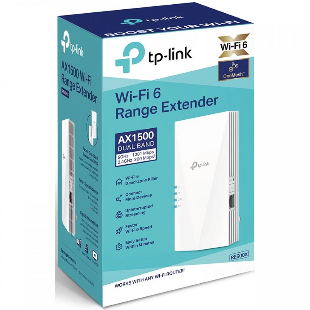 Усилитель сигнала Wi-Fi TP-Link RE500X 10/100/1000 Base-TX (1000 мбит/с), Wi-Fi 6 (802.11a / b / g / n / ac / ax), со встроенной антенной