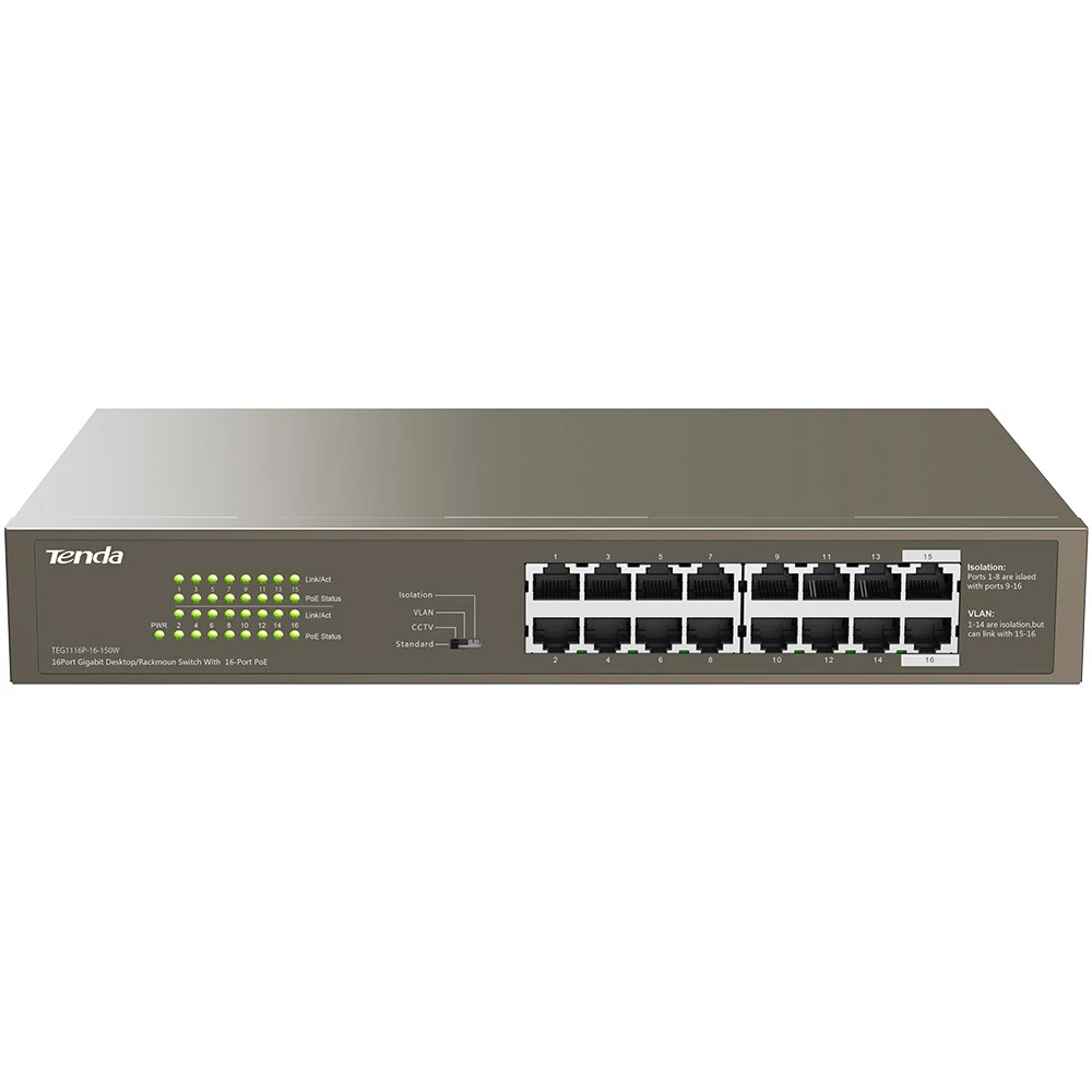Коммутатор TENDA TEG1116P-16-150W 1000 Base-TX (1000 мбит/с)