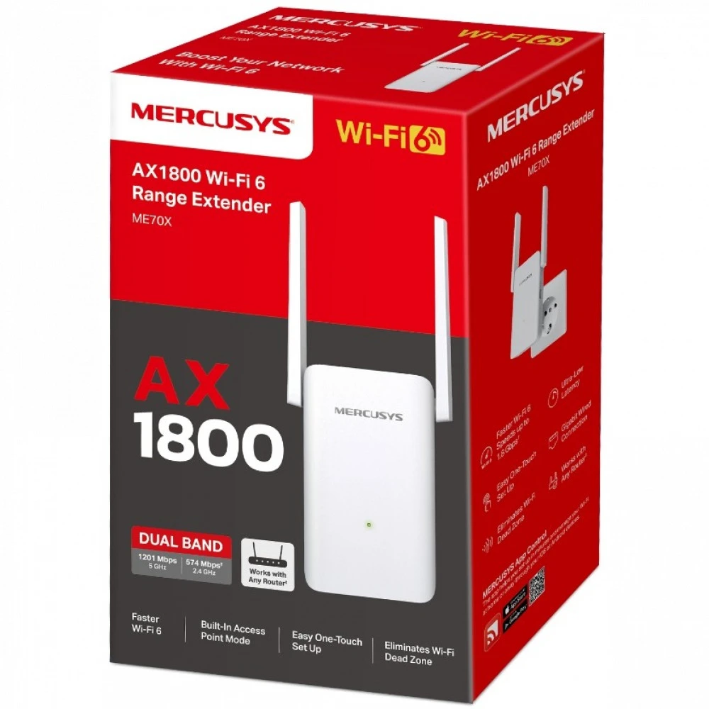 Усилитель сигнала Wi-Fi Mercusys ME70X 10/100/1000 Base-TX (1000 мбит/с), Wi-Fi 6 (802.11a / b / g / n / ac / ax), с внешней антенной