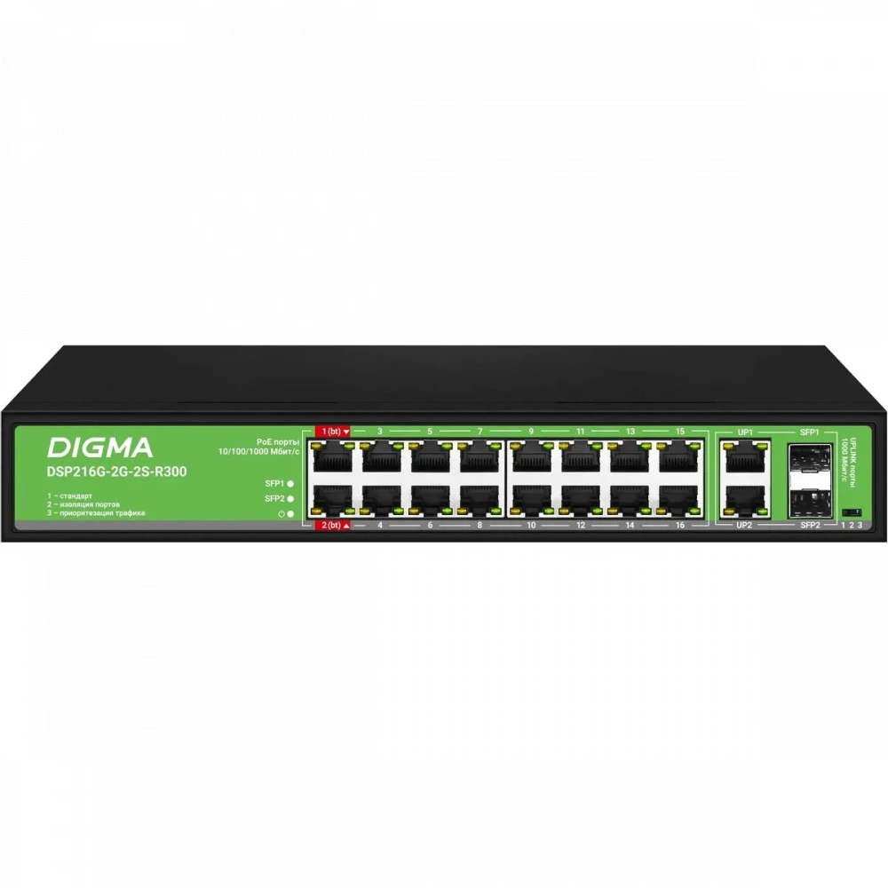 Коммутатор Digma DSP216G-2G-2S-R300 1000 Base-T (1000 мбит/с), 2 SFP порта