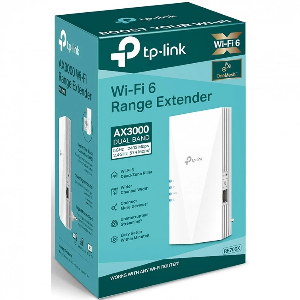 Усилитель сигнала Wi-Fi TP-Link RE700X 10/100/1000 Base-TX (1000 мбит/с), Wi-Fi 6 (802.11a / b / g / n / ac / ax), со встроенной антенной
