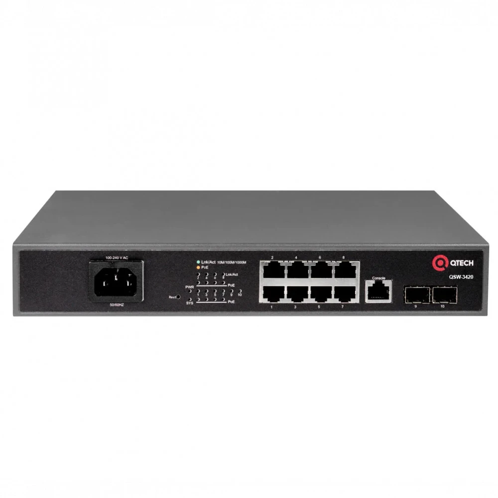 Коммутатор QTECH QSW-3420-10T-POE-AC 1000 Base-T (1000 мбит/с), 2 SFP порта